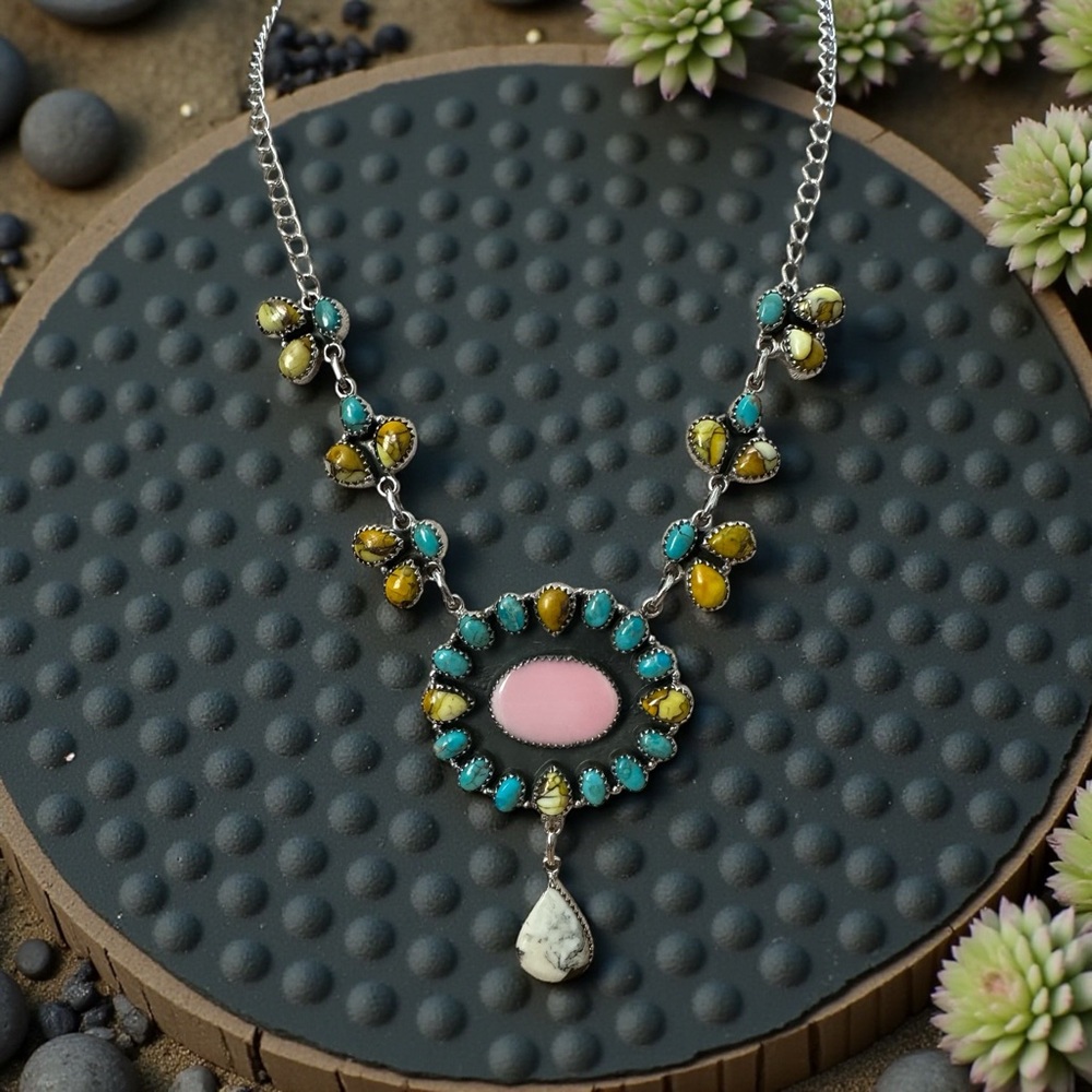 Honey Dahlia Turquoise, Kingman Turquoise & Conch Solid Sterling Silver Necklace - Picture 4 of 15